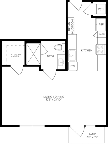 Rendering of the SL floor plan with a Studio bedroom and 1 bathroom[s] at The Wyatt
