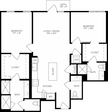 Rendering of the 2C floor plan with 2 bedroom[s] and 2.5 bathroom[s] at The Wyatt
