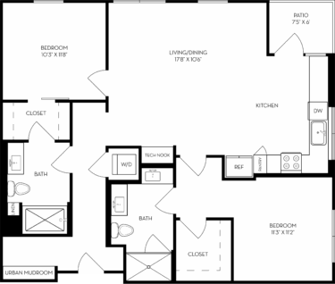 Rendering of the 2K floor plan with 2 bedroom[s] and 2 bathroom[s] at The Wyatt