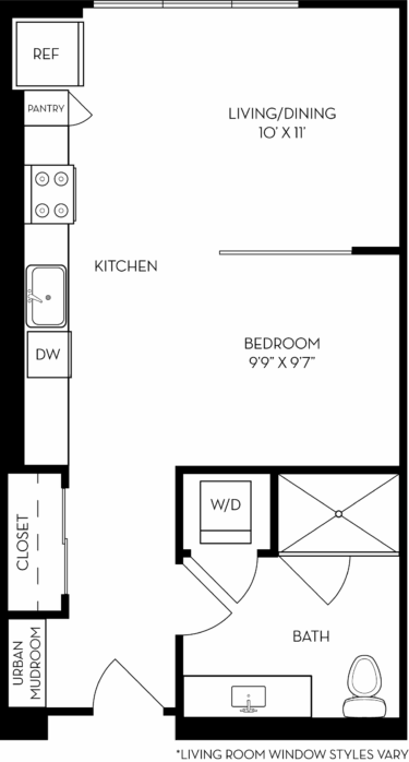 Rendering of the SA floor plan with a Studio bedroom and 1 bathroom[s] at The Wyatt