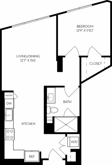 Rendering of the 1B4 floor plan with 1 bedroom[s] and 1 bathroom[s] at The Wyatt