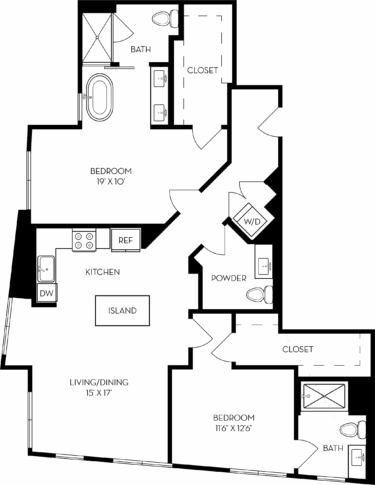 Rendering of the 2F floor plan with 2 bedroom[s] and 2.5 bathroom[s] at The Wyatt