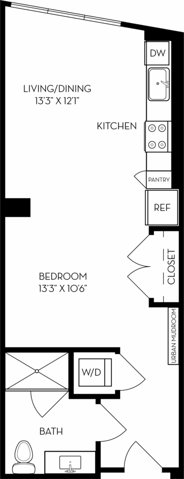 Rendering of the SB3 floor plan with a Studio bedroom and 1 bathroom[s] at The Wyatt