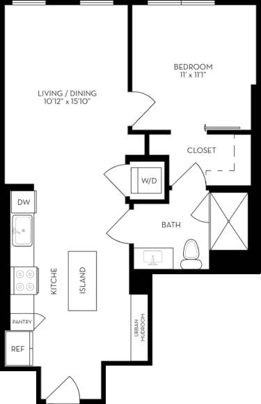 Rendering of the 1B2 floor plan with 1 bedroom[s] and 1 bathroom[s] at The Wyatt