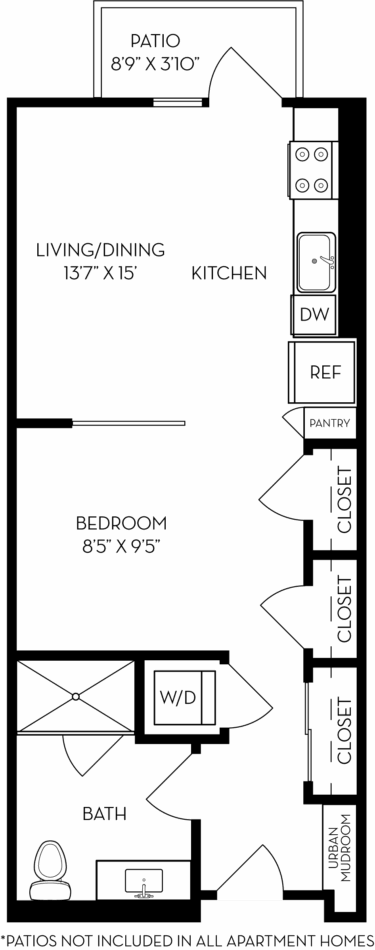 Rendering of the SB1 floor plan with a Studio bedroom and 1 bathroom[s] at The Wyatt