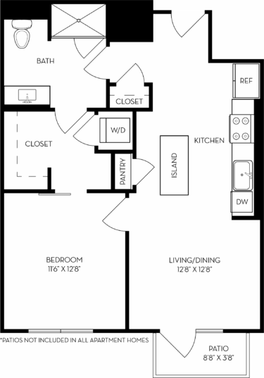 Rendering of the 1A2 floor plan with 1 bedroom[s] and 1 bathroom[s] at The Wyatt