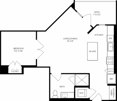 Rendering of the 1D floor plan with 1 bedroom[s] and 1 bathroom[s] at The Wyatt