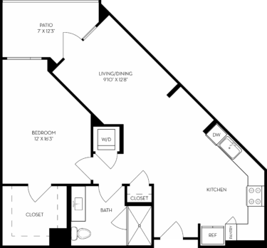 Rendering of the 1C2 floor plan with 1 bedroom[s] and 1 bathroom[s] at The Wyatt