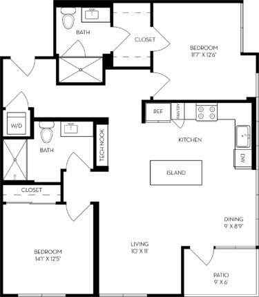 Rendering of the 2E floor plan with 2 bedroom[s] and 2 bathroom[s] at The Wyatt