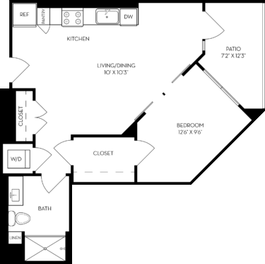 Rendering of the SDJ floor plan with 1 bedroom[s] and 1 bathroom[s] at The Wyatt