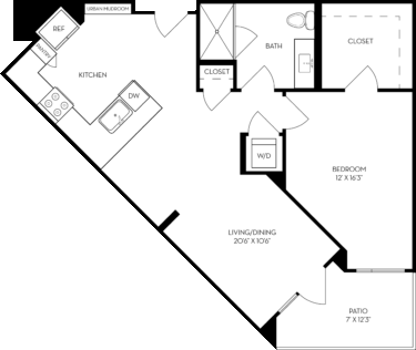 Rendering of the 1C1 floor plan with 1 bedroom[s] and 1 bathroom[s] at The Wyatt