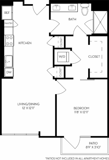Rendering of the 1A1 floor plan with 1 bedroom[s] and 1 bathroom[s] at The Wyatt