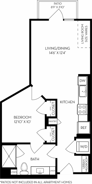 Rendering of the SCJ floor plan with 1 bedroom[s] and 1 bathroom[s] at The Wyatt