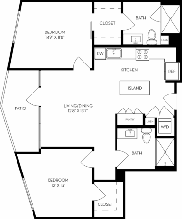 Rendering of the 2G floor plan with 2 bedroom[s] and 2 bathroom[s] at The Wyatt