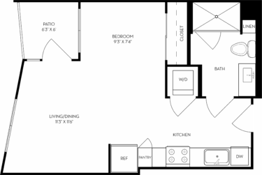 Rendering of the SF floor plan with a Studio bedroom and 1 bathroom[s] at The Wyatt