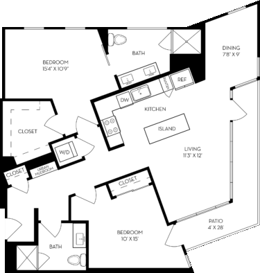 Rendering of the 2D floor plan with 2 bedroom[s] and 2 bathroom[s] at The Wyatt