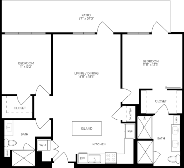 Rendering of the 2Q floor plan with 2 bedroom[s] and 2 bathroom[s] at The Wyatt